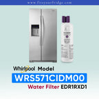 Whirlpool stainless steel refrigerator shown next to a water filter cartridge, with text reading 'Whirlpool Model WRS571CIDM00 Water Filter EDR1RXD1' on a pale blue gradient background.