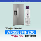 Whirlpool stainless steel refrigerator shown next to a water filter cartridge, with text reading 'Whirlpool Model WRS588FIHZ00 Water Filter EDR1RXD1' on a pale blue gradient background.