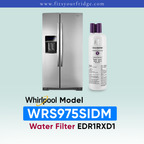 A stainless steel Whirlpool side-by-side refrigerator shown next to a white water filter bottle with purple caps. Text at the bottom reads 'Whirlpool Model WRS975SIDM Water Filter EDR1RXD1' on a pale blue gradient background.