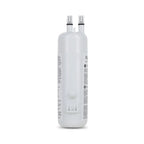 A white cylindrical water filter cartridge with two threaded connection ports at the top and black printed labels on its sides, shown against a plain white background.