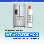 Whirlpool French door refrigerator in black stainless steel shown next to an EveryDrop Refrigerator Water Filter 2. Text on the image confirms compatibility: "Whirlpool Model WRV976FDEM00 Water Filter EDR2RXD1", with the website www.fitsyourfridge.com displayed in a blue banner at the top.