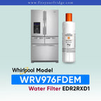 Whirlpool French door refrigerator in black stainless steel shown next to an EveryDrop Refrigerator Water Filter 2. Text on the image confirms compatibility: "Whirlpool Model WRV976FDEM Water Filter EDR2RXD1", with the website www.fitsyourfridge.com displayed in a blue banner at the top.