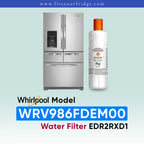 Whirlpool French door refrigerator in black stainless steel shown next to an EveryDrop Refrigerator Water Filter 2. Text on the image confirms compatibility: "Whirlpool Model WRV986FDEM00 Water Filter EDR2RXD1", with the website www.fitsyourfridge.com displayed in a blue banner at the top.