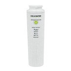 White ice and water filter with certification logos on a white background