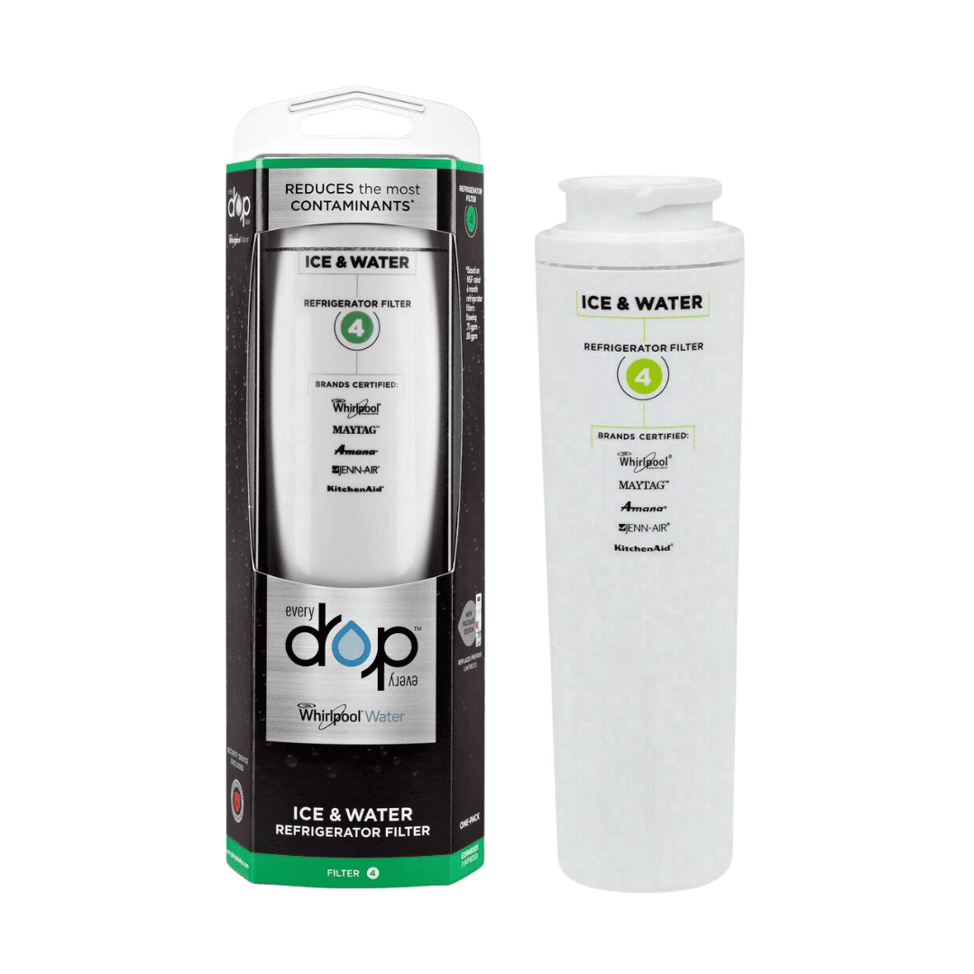 Ice and water refrigerator filter with packaging on a white background