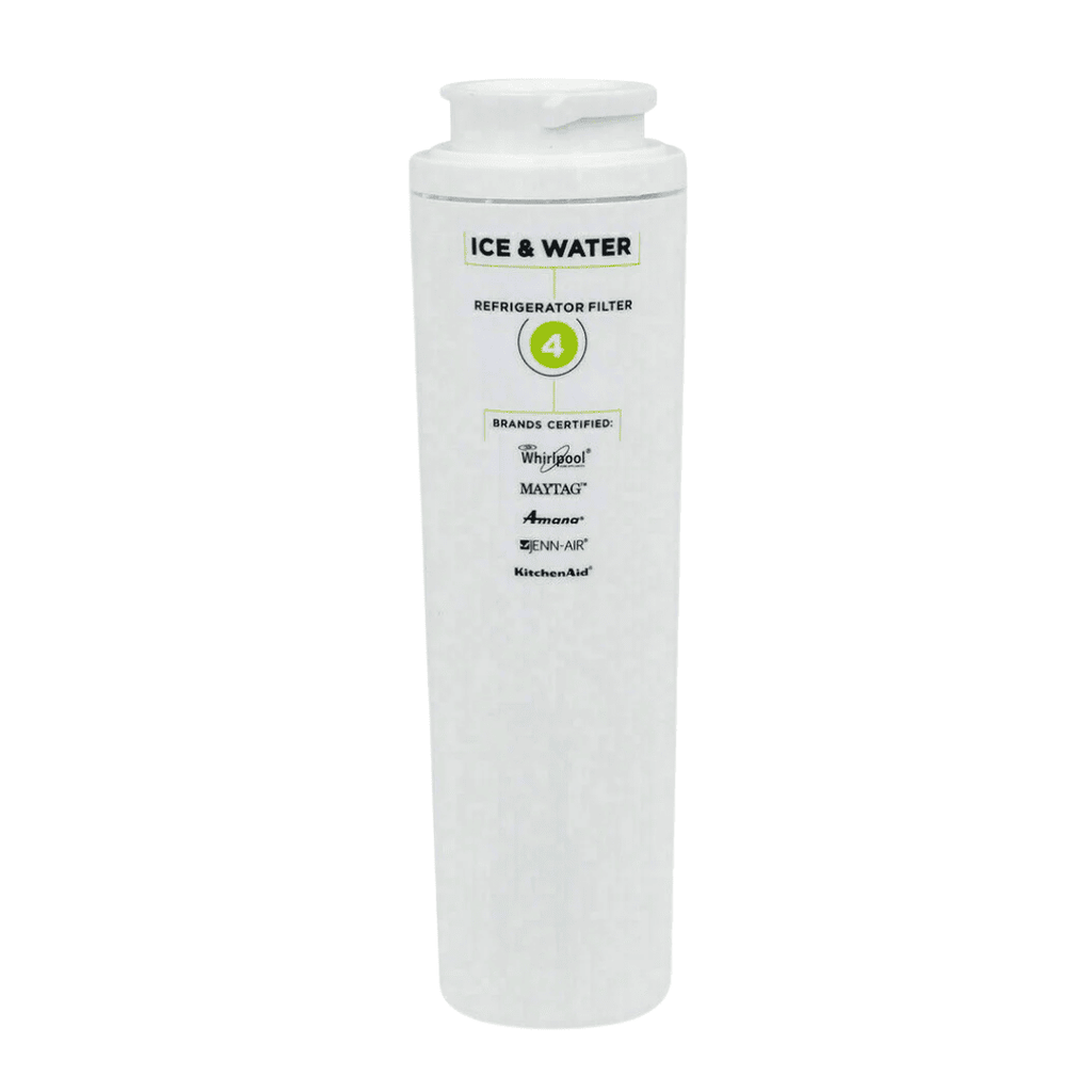 White ice and water filter with certification logos on a white background