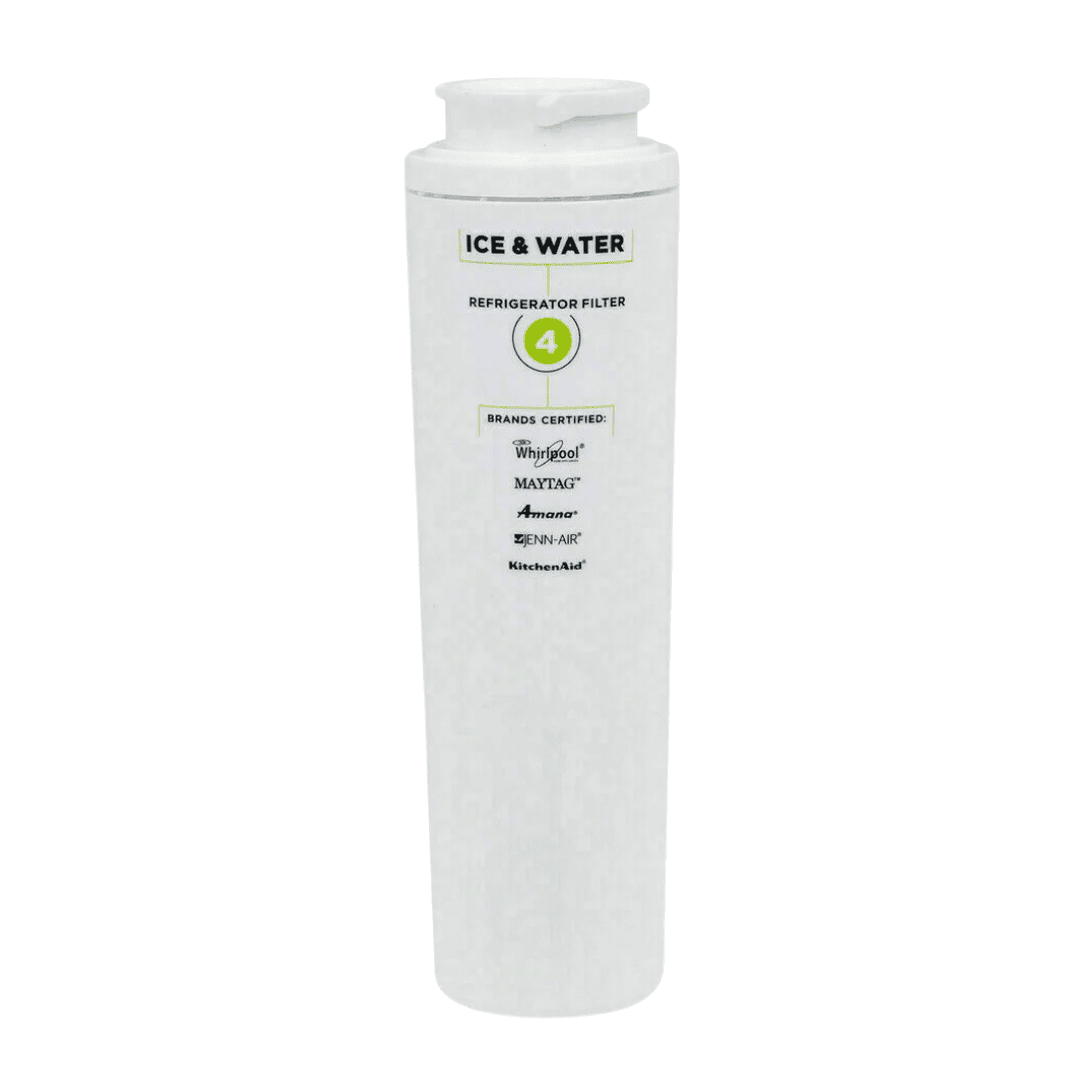 White ice and water filter with certification logos on a white background