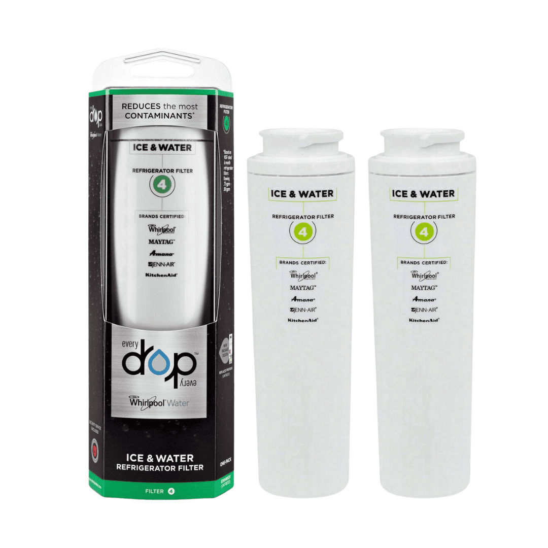 Ice and water refrigerator filter with packaging on a white background