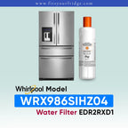Whirlpool French door refrigerator in black stainless steel shown next to an EveryDrop Refrigerator Water Filter 2. Text on the image confirms compatibility: "Whirlpool Model WRX986SIHZ04 Water Filter EDR2RXD1", with the website www.fitsyourfridge.com displayed in a blue banner at the top.