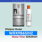 Whirlpool French door refrigerator in black stainless steel shown next to an EveryDrop Refrigerator Water Filter 2. Text on the image confirms compatibility: "Whirlpool Model WRX986SIHZ Water Filter EDR2RXD1", with the website www.fitsyourfridge.com displayed in a blue banner at the top.