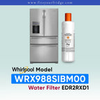 Whirlpool water filter kit for a stainless steel French door refrigerator, showing the white bottle with an orange cap next to the refrigerator, with text overlays 'Whirlpool Model WRX988SIBM00 Water Filter EDR2RXD1'.