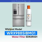 Whirlpool French door refrigerator in black stainless steel shown next to an EveryDrop Refrigerator Water Filter 2. Text on the image confirms compatibility: "Whirlpool Model WRX988SIBM01 Water Filter EDR2RXD1", with the website www.fitsyourfridge.com displayed in a blue banner at the top.