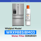 Whirlpool French door refrigerator in black stainless steel shown next to an EveryDrop Refrigerator Water Filter 2. Text on the image confirms compatibility: "Whirlpool Model WRX988SIBM03 Water Filter EDR2RXD1", with the website www.fitsyourfridge.com displayed in a blue banner at the top.