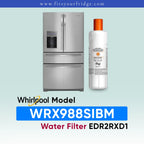 Whirlpool French door refrigerator in black stainless steel shown next to an EveryDrop Refrigerator Water Filter 2. Text on the image confirms compatibility: "Whirlpool Model WRX988SIBM Water Filter EDR2RXD1", with the website www.fitsyourfridge.com displayed in a blue banner at the top.