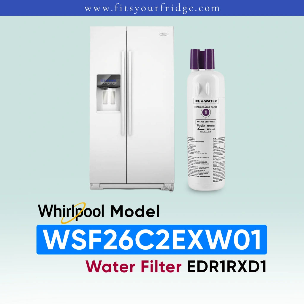 A replacement water filter bottle for a Whirlpool Model refrigerator, shown next to a white side-by-side refrigerator on a light blue gradient background with product text.