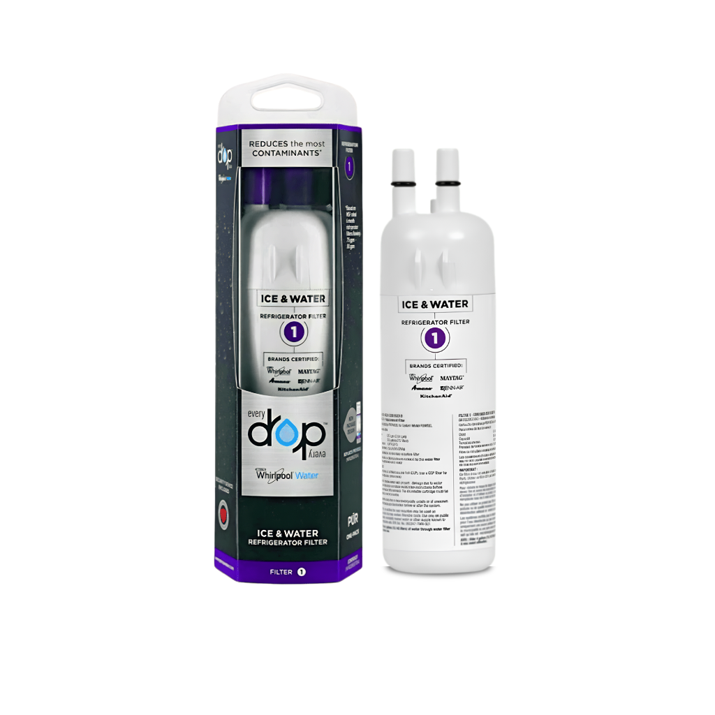 Dop ice and water refrigerator filter packaging and filter on a white background