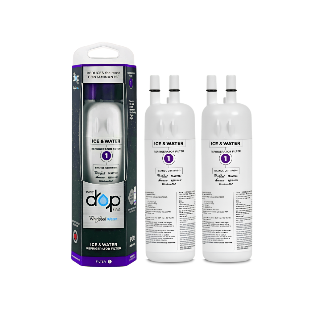 Ice and water refrigerator filter with packaging on a white background