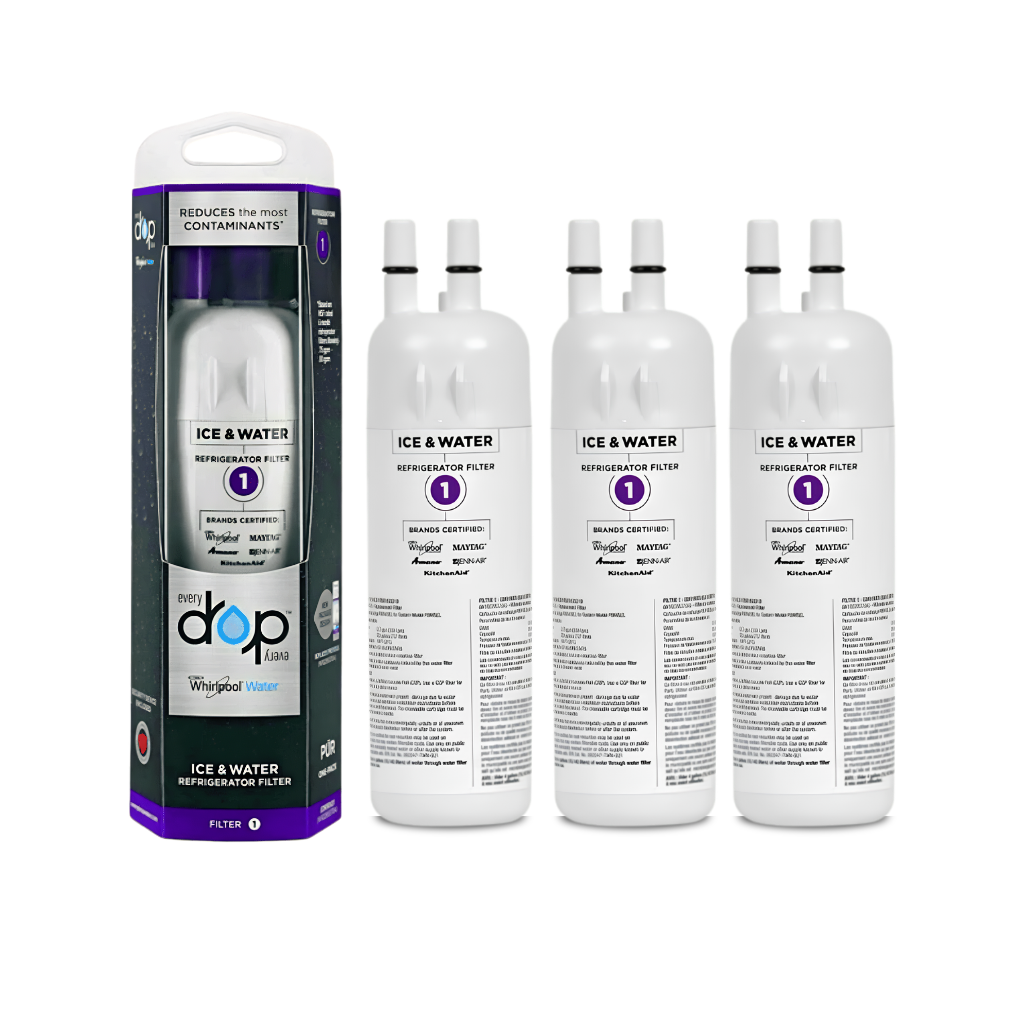 Packaging of a water filter with four additional filters on a white background