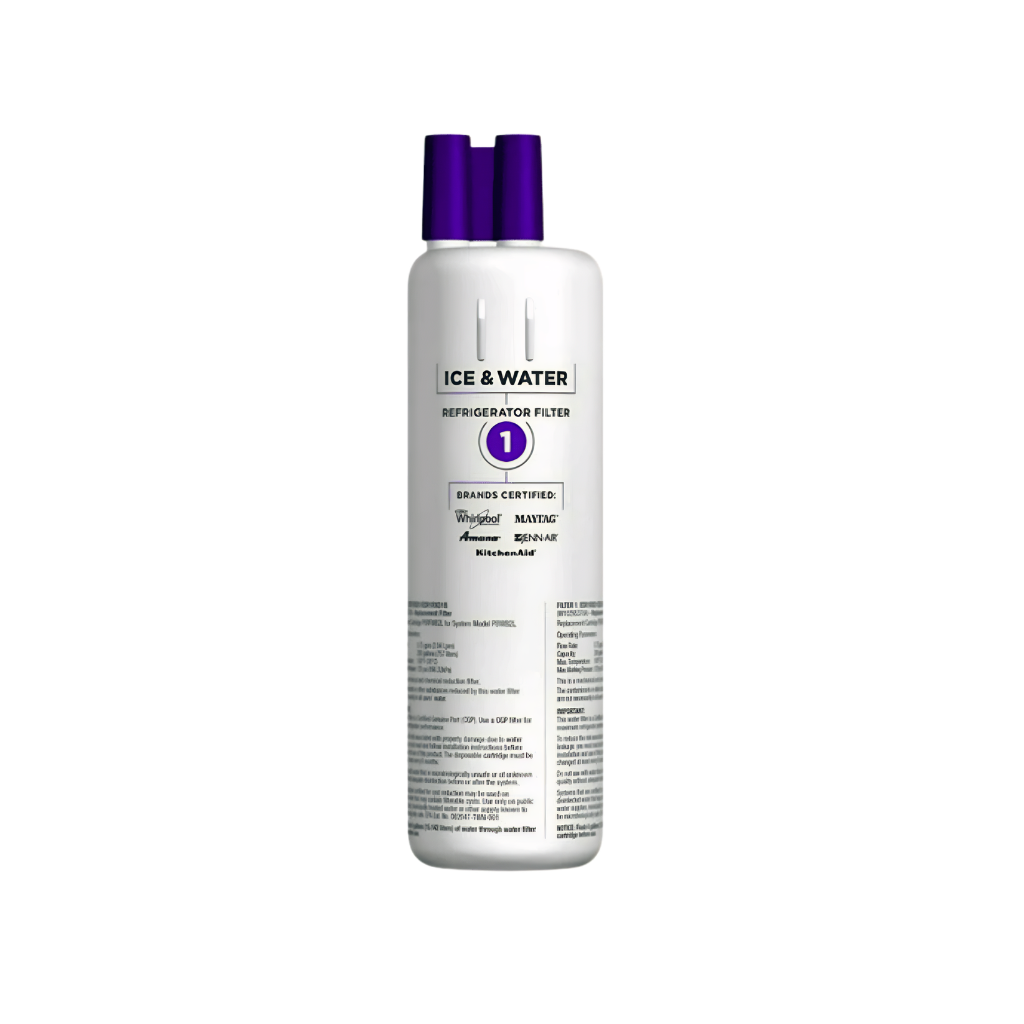 Bottle of Ice & Water refrigerator filter on a white background