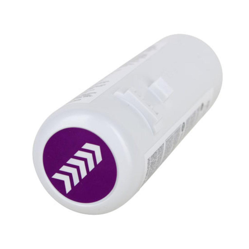 White cylindrical device with a purple circular logo featuring a white zigzag pattern on a white background