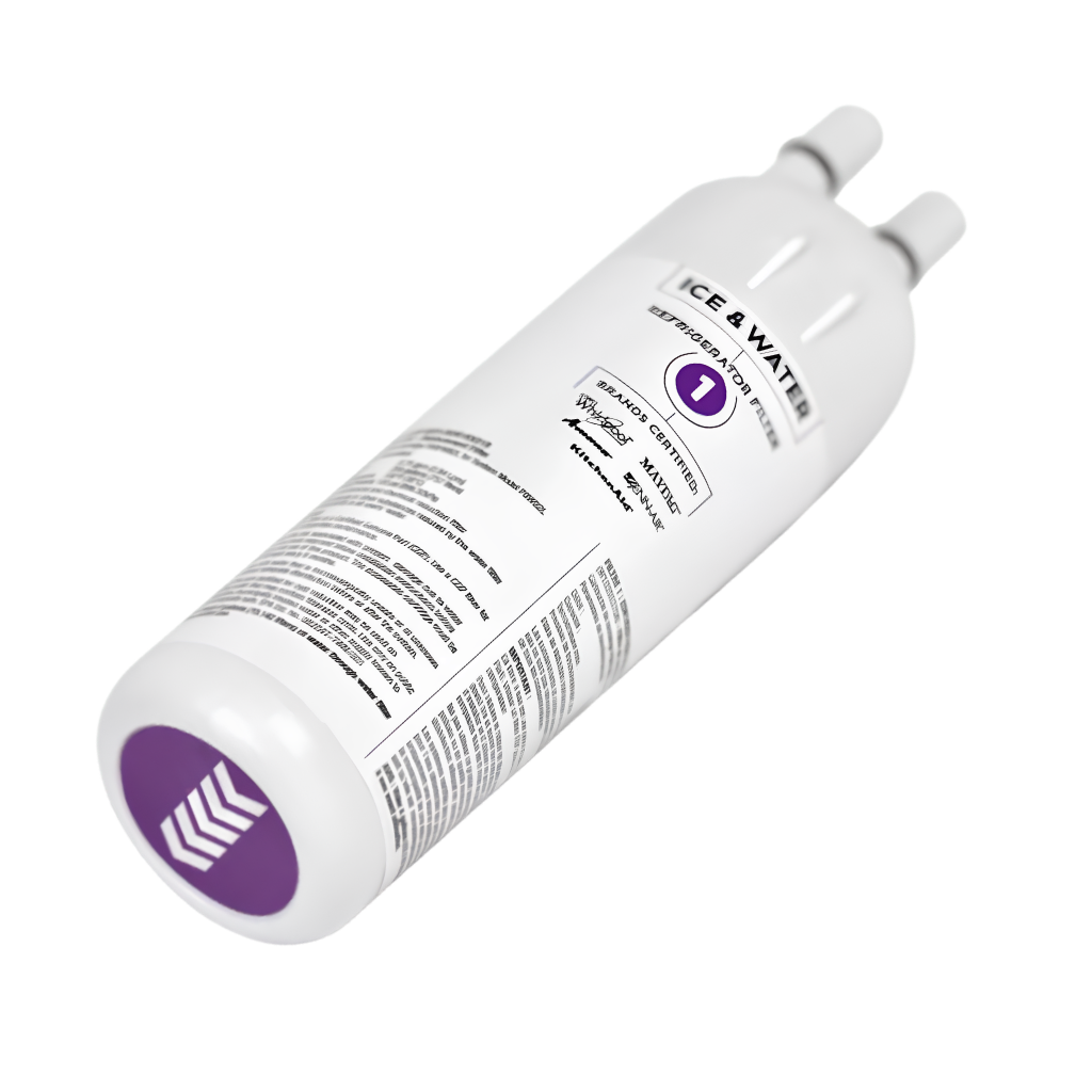 White water filter cartridge with purple logo on a white background
