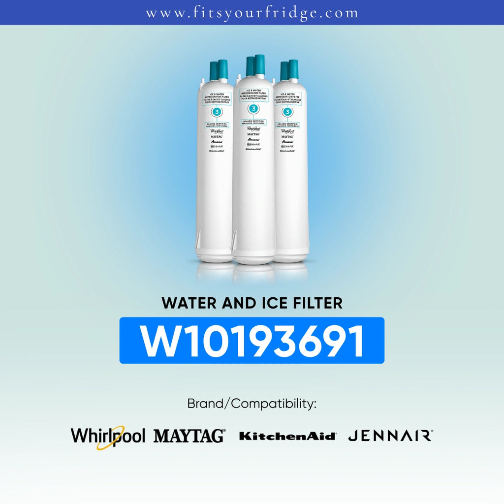 Three white refrigerator water and ice filter canisters with teal caps are shown on a light blue gradient background. Text reads 'WATER AND ICE FILTER' and 'W10193691', with Whirlpool, MAYTAG, KitchenAid, and Jennair listed under Brand/Compatibility.