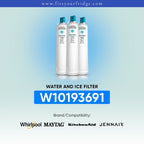 Three white refrigerator water and ice filter canisters with teal caps are shown on a light blue gradient background. Text reads 'WATER AND ICE FILTER' and 'W10193691', with Whirlpool, MAYTAG, KitchenAid, and Jennair listed under Brand/Compatibility.