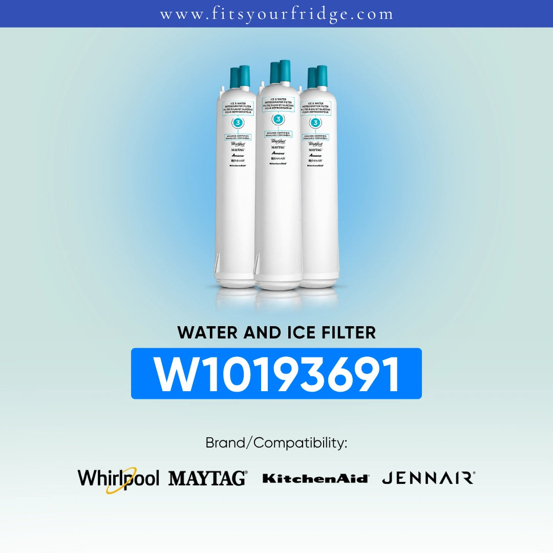 Three white refrigerator water and ice filter canisters with teal caps are shown on a light blue gradient background. Text reads 'WATER AND ICE FILTER' and 'W10193691', with Whirlpool, MAYTAG, KitchenAid, and Jennair listed under Brand/Compatibility.