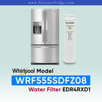 Whirlpool water filter for a stainless steel refrigerator, model WRF555SDFZ08, shown next to the refrigerator on a light blue-green gradient background with text overlays.