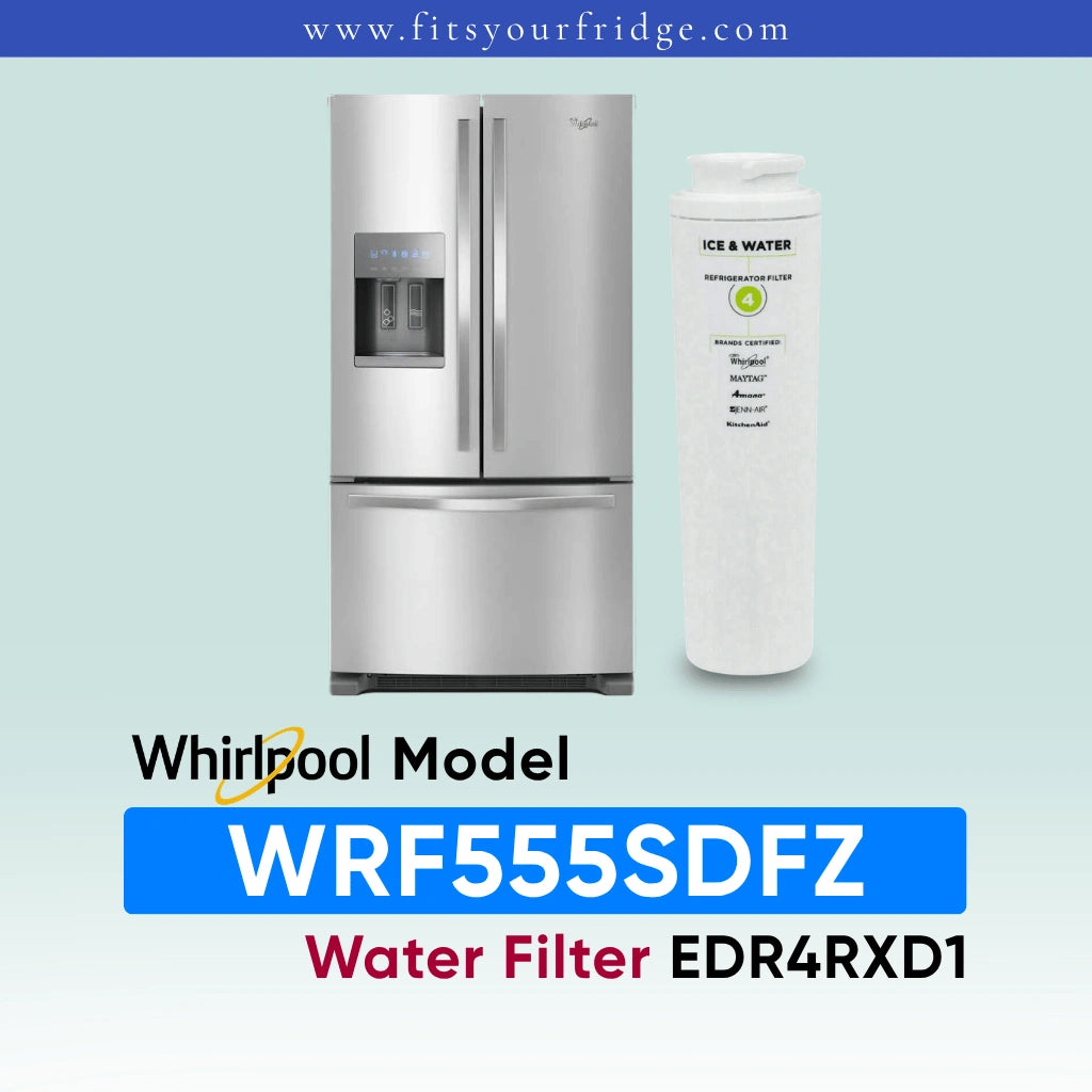 A stainless steel Whirlpool refrigerator shown next to a white cylindrical water filter cartridge on a pale blue-green background, with text reading 'Whirlpool Model WRF555SDFZ Water Filter EDR4RXD1' and the website 'www.fitsyourfridge.
