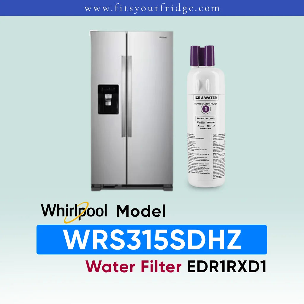Whirlpool stainless steel side-by-side refrigerator shown next to a white water filter bottle with purple caps on a pale blue gradient background, with text reading 'Whirlpool Model WRS315SDHZ Water Filter EDR1RXD1'.