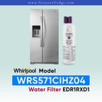 Whirlpool stainless steel refrigerator shown next to a water filter cartridge, with text reading 'Whirlpool Model WRS571CIHZ04 Water Filter EDR1RXD1' on a pale blue gradient background.