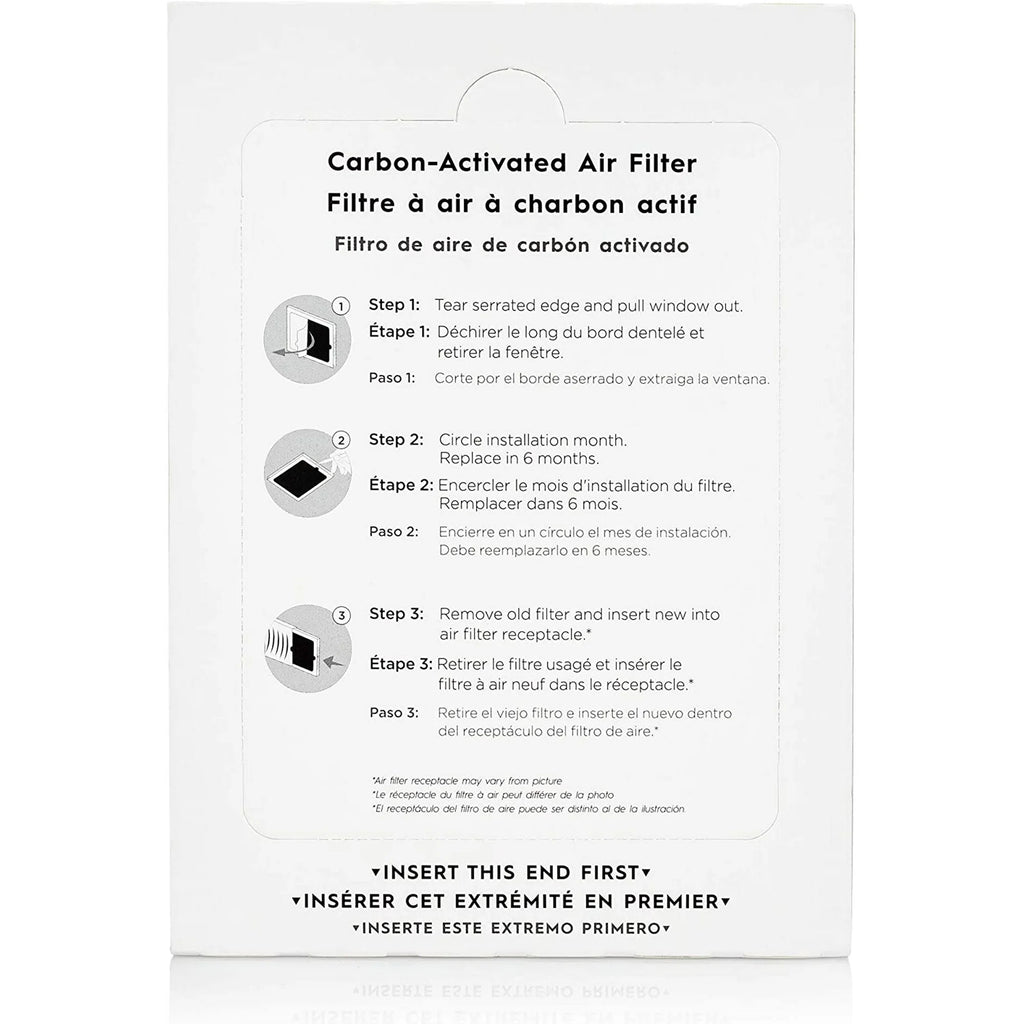 Carbon-activated air filter packaging with installation instructions on a white background