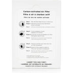Carbon-activated air filter packaging with installation instructions on a white background