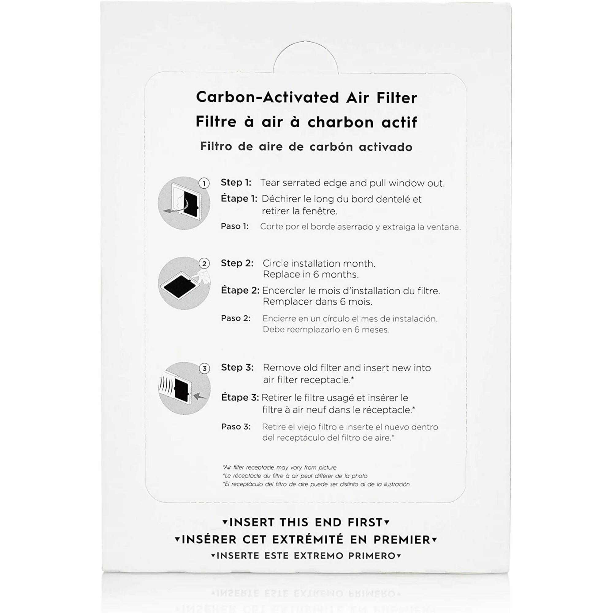 Carbon-activated air filter packaging with installation instructions on a white background