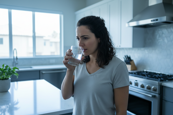 Person sniffing water with concern