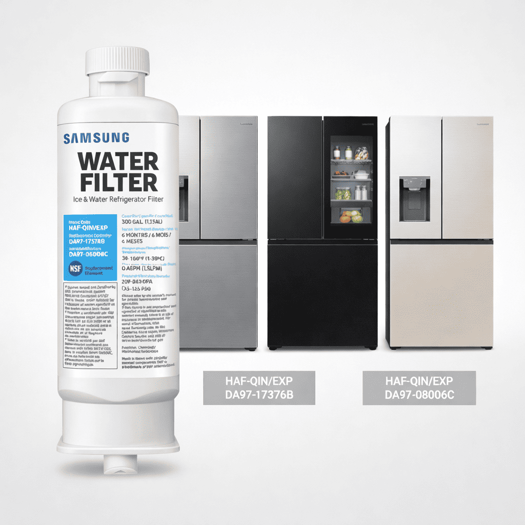 Samsung water filter with three refrigerator models in the background