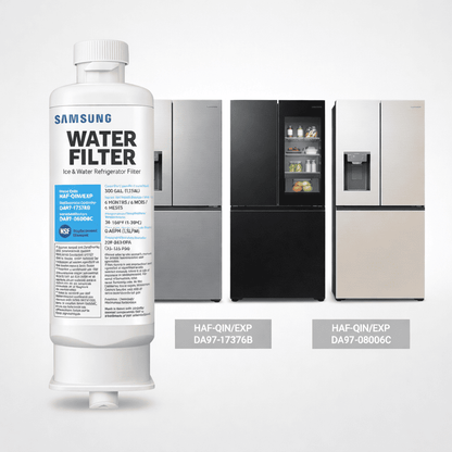 Samsung water filter with three refrigerator models in the background