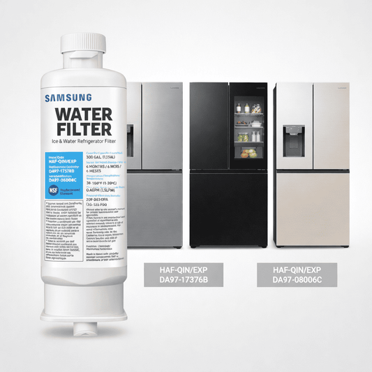 Samsung water filter with three refrigerator models in the background