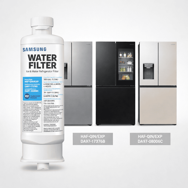 Samsung water filter with three refrigerator models in the background